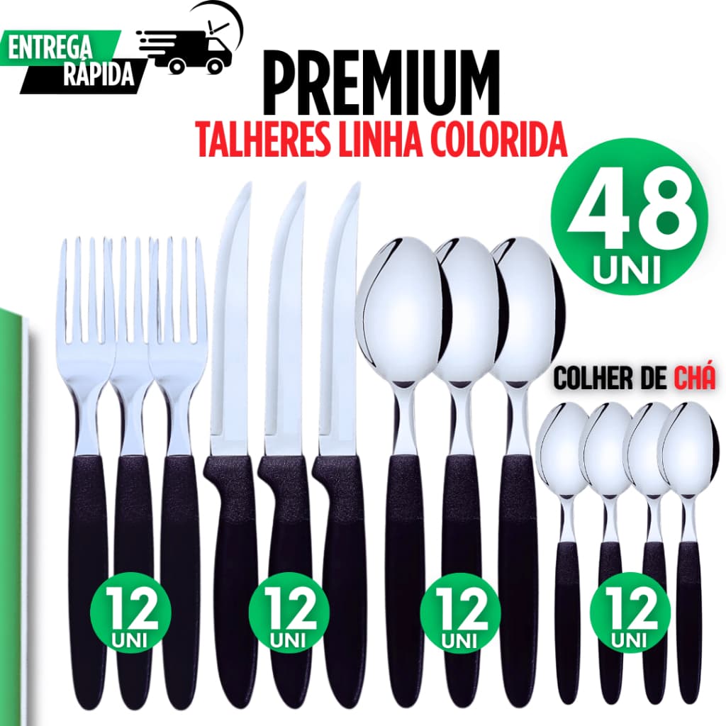 Talheres Linha Colorido Cabo de Plástico Preto Inox Premium Garfo Faca Colher de Chá Colher Plástico Inox