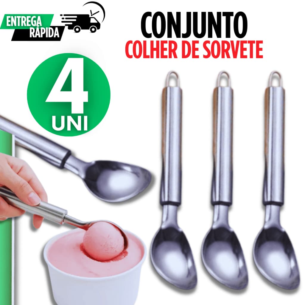 Jogo Kit 04 Pegador Colher De Sorvete Em Inox 20,5 cm Bola Profissional Sorveteria Lanchonetes Casa
