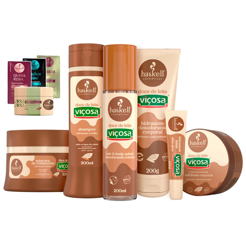 Kit Haskell Doce de Leite Completo 6 Itens/Shampoo,Máscara,Hidratante Corporal,Body Splash,Esfoliante,Hidratante Labial