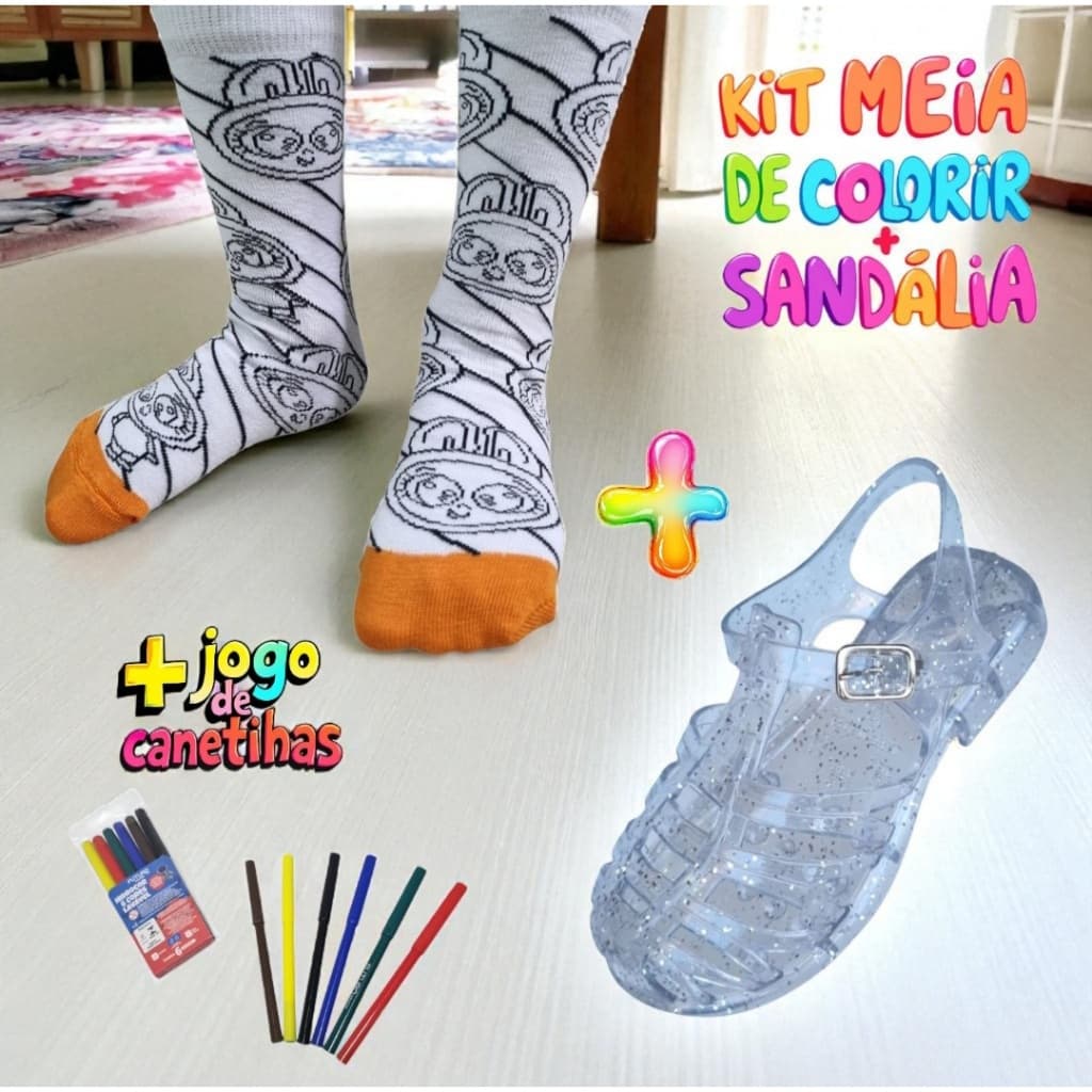 Kit Sandália Cristal + Meia De Colorir Lavável Com 6 Canetinhas Para Colorir Conforto Leve Macio