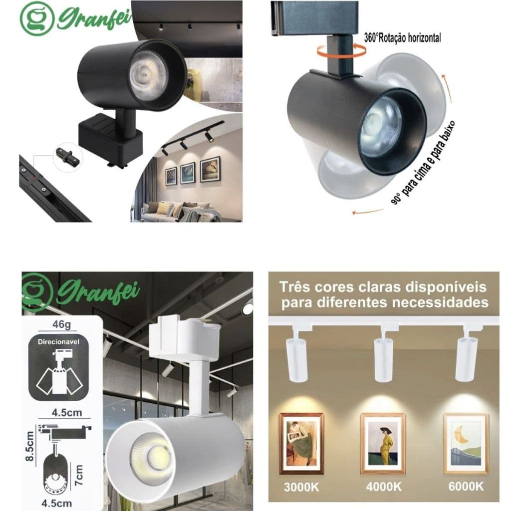 Kit Spot Eletrificado 10W + Trilho Linear 1 Metro Led Branco Preto Branco Frio Neutro Quente VENTO