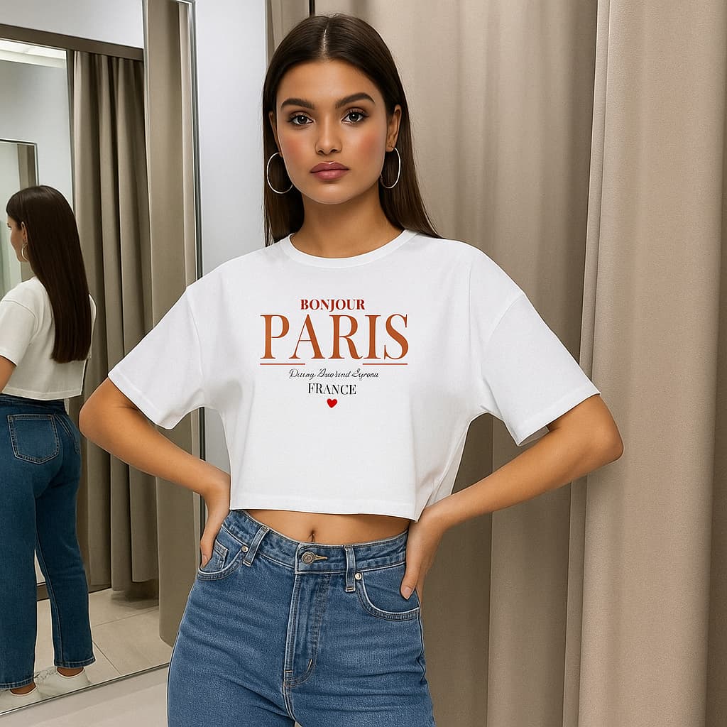 Cropped Oversized Bonjour Feminino Camiseta Algodão Estilo Francês Fashion