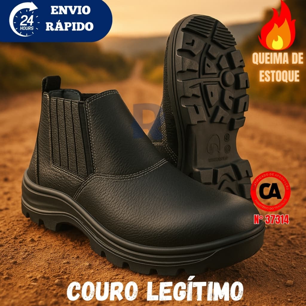 Botina de Segurança Preta Couro CA 37314 – Bico Redondo Elástico Lateral Antiderrapante