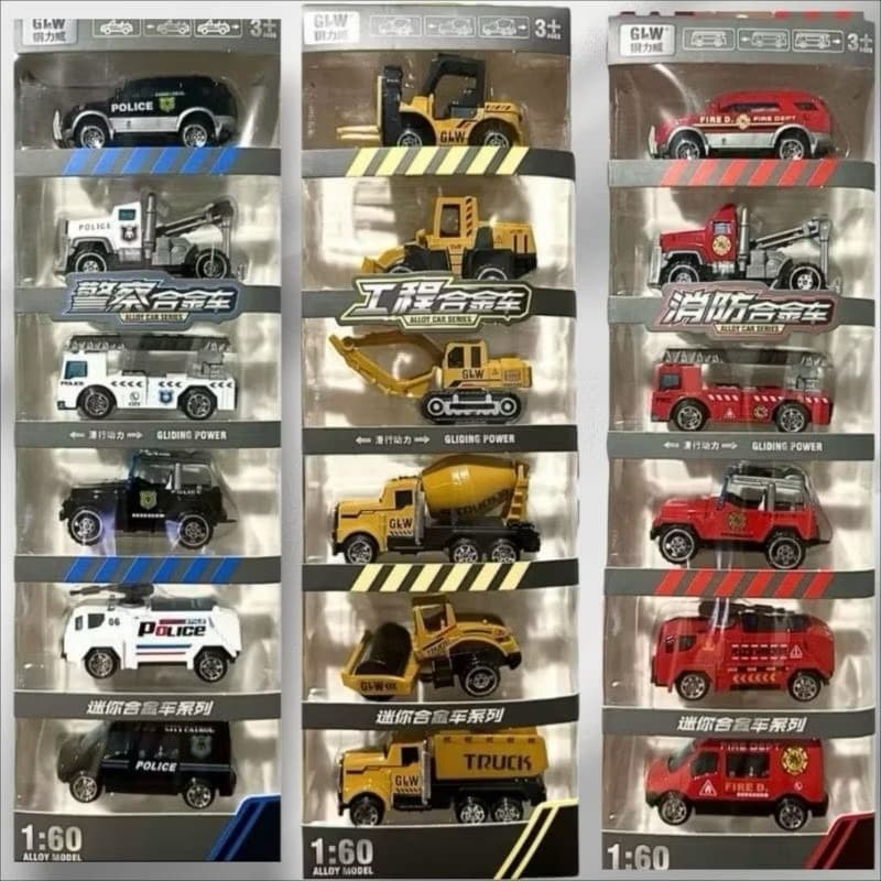 Brinquedo Infantil Kit Carrinhos Miniaturas Metal Polícia Bombeiros Construção Escala 1:60