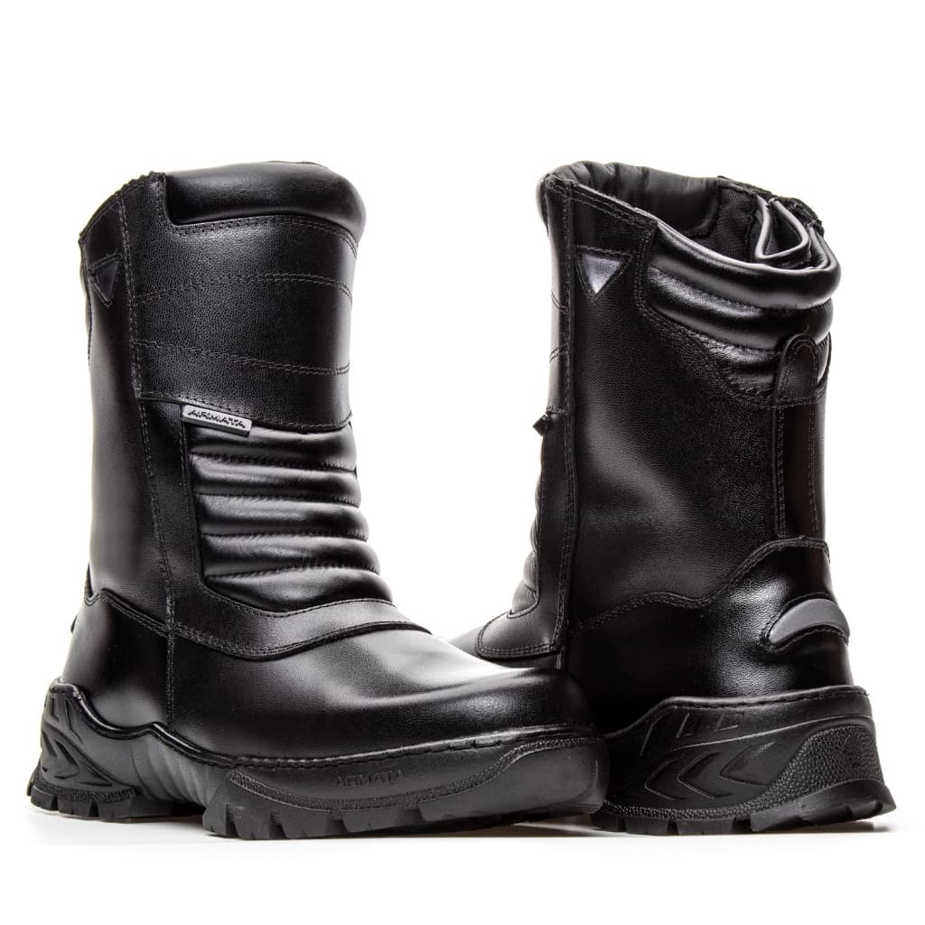 coturno cano alto com reforço de impacto indicado para uso militar e motociclistas bota 100% couro nobre masculina preta
