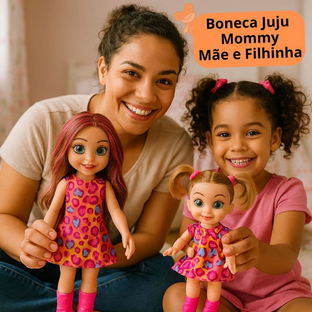 Boneca JuJu Mommy Mamãe Filhinha Com Acessórios Escova Espelho Presilhas Brinquedo Loira Negra