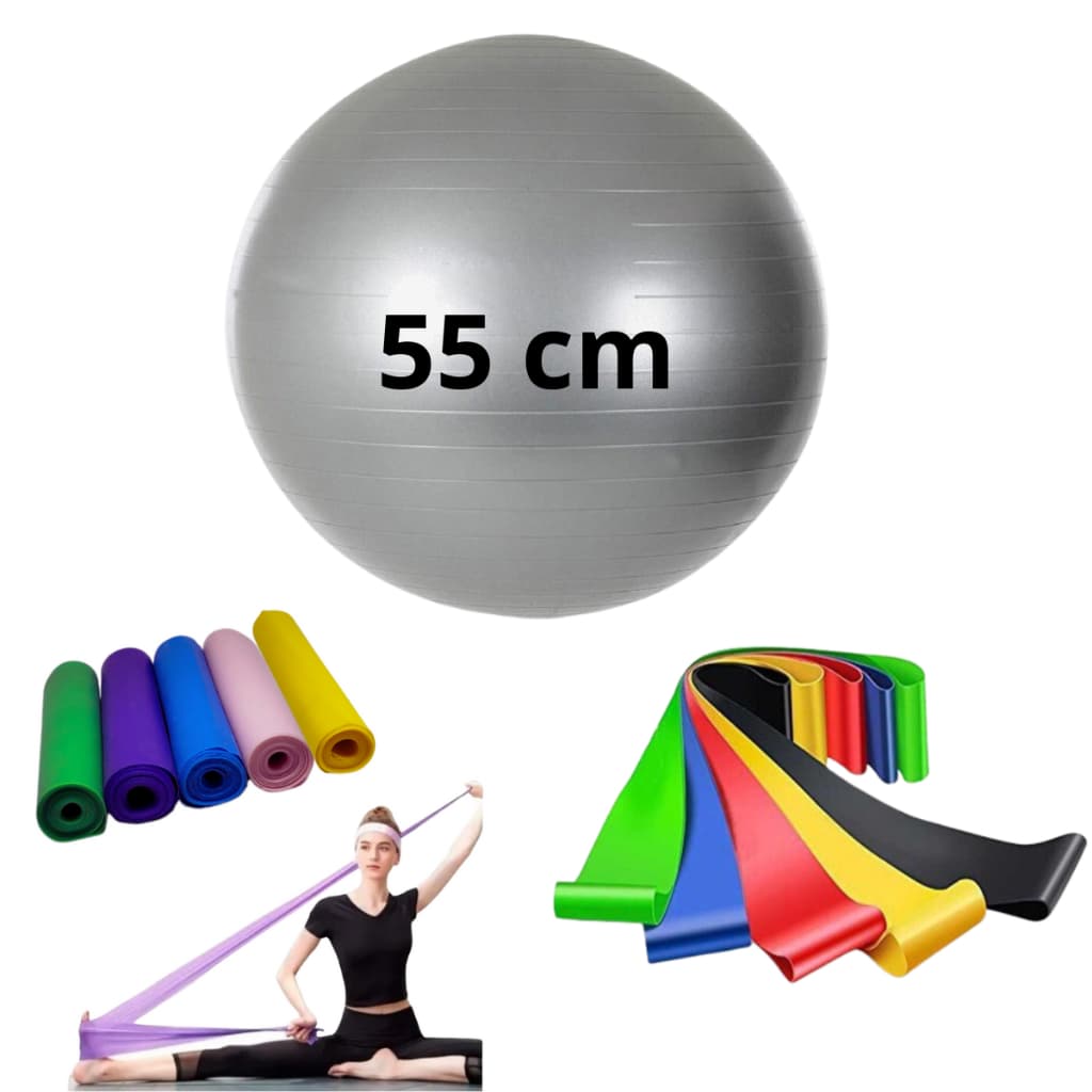 Bola Suiça Pilates Fisio 55cm + Faixa Elastica + 5 Mini Band Thera Funcional Yoga Academia Treino