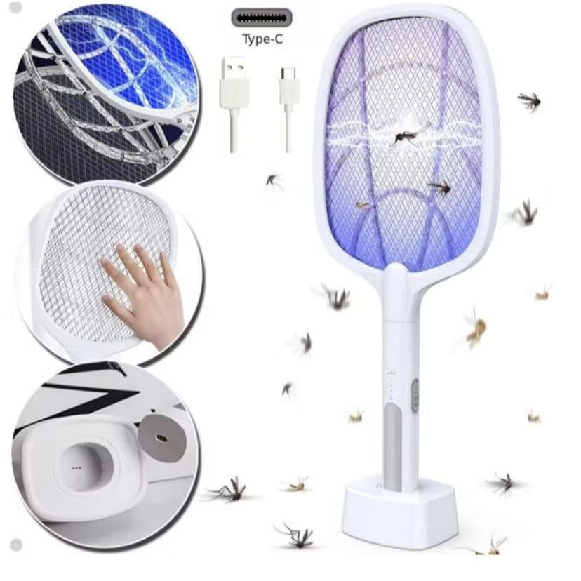 Raquete Mata Mosquito Recarregável Com Suporte De Mesa Casa Cor Branco