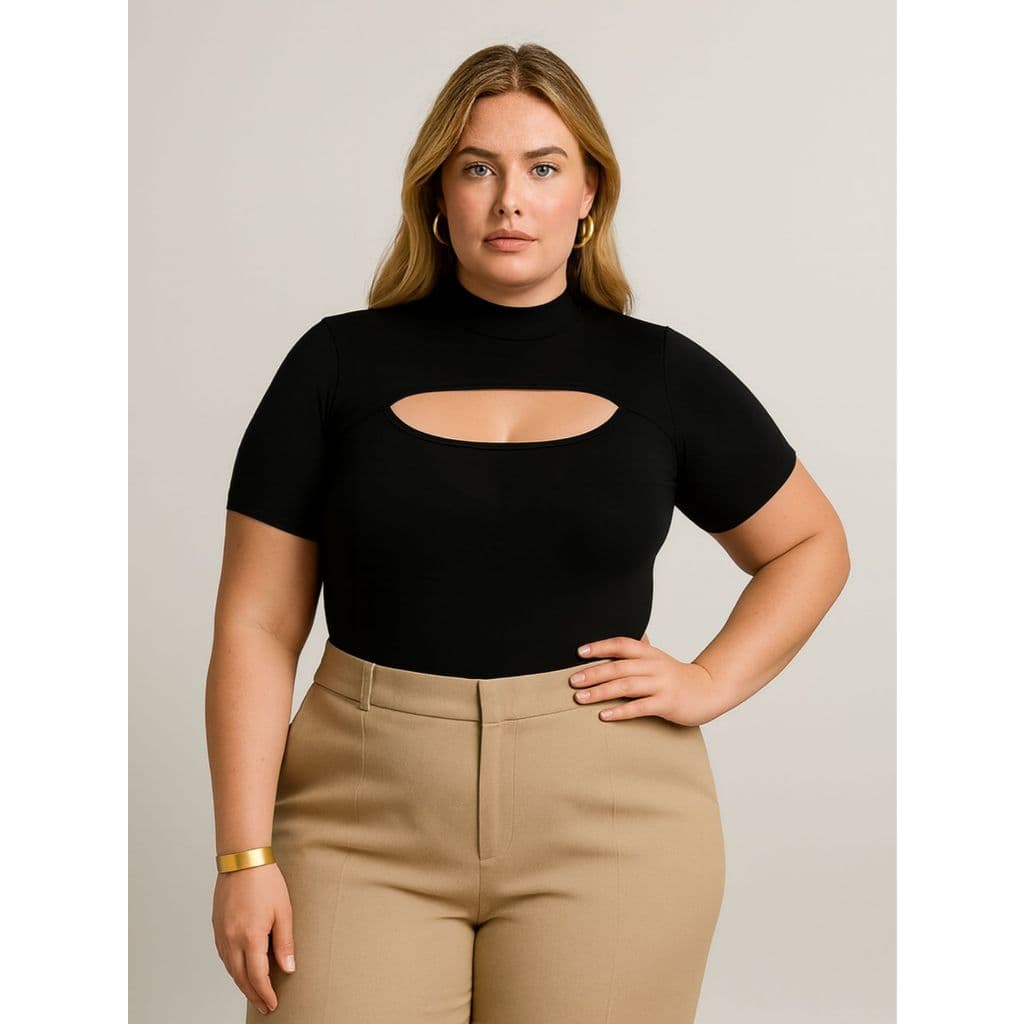 Body collant manga curta gola alta feminino plus size elegante sofisticado versátil premium clássico casual profissional