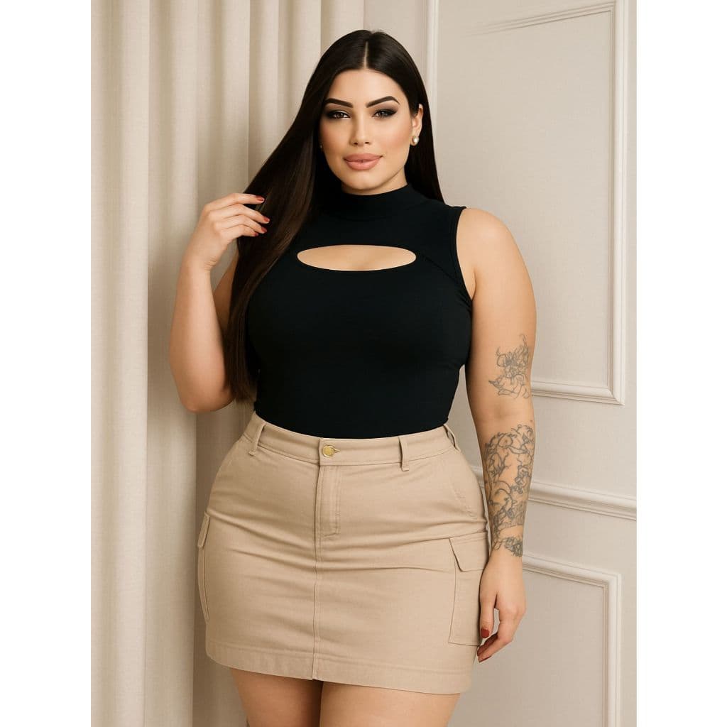 Body collant regata sem manga gola alta plus size elegante sofisticado versátil premium clássico casual profissional