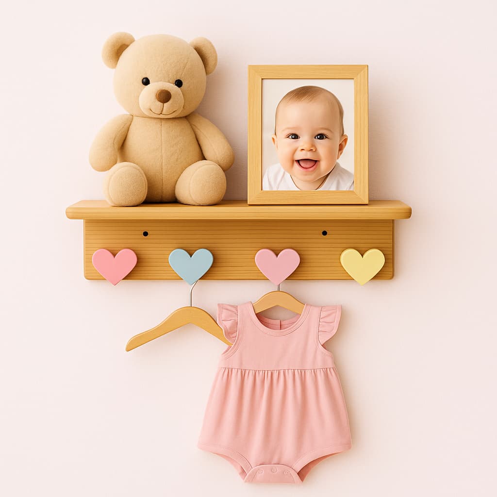Cabideiro e Pendurador Madeira Infantil com Prateleira 4 ganchos  Decoração Menina/Menino Brinquedos