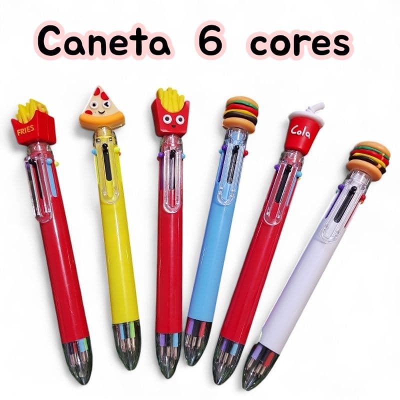 Caneta 6 Cores - Hamburguer - fritas - cola - pizza - Papelaria fofa - Caneta fofa