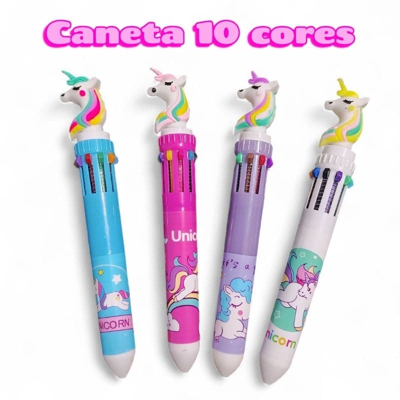 Caneta 10 cores Unicórnio esferográfica -  Papelaria fofa e criativa