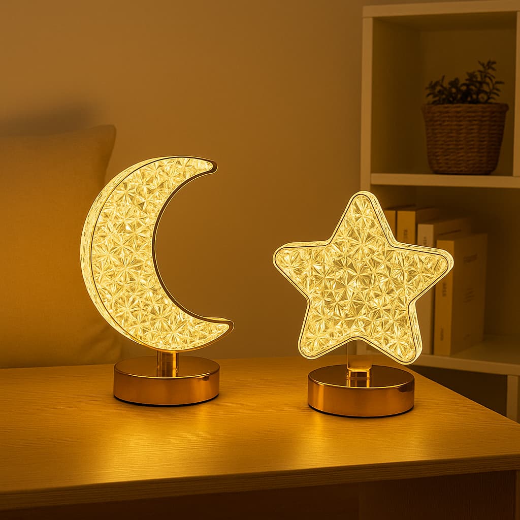 Luminária Abajur de Mesa Formato de Lua ou Estrela De Led Quente/Frio