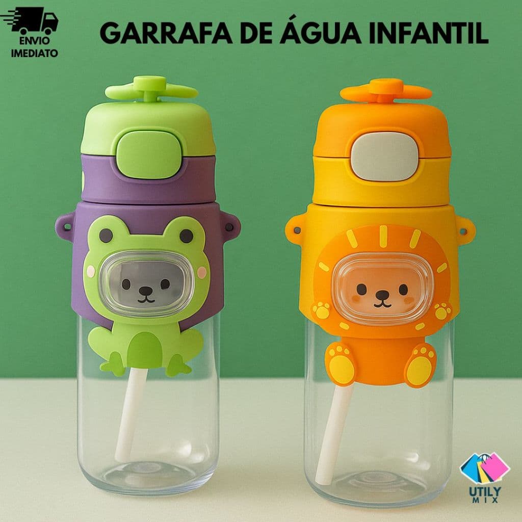Garrafa De Água infantil Com Canudo De Silicone Para Criança Com Alça  De 600ml Divertidas