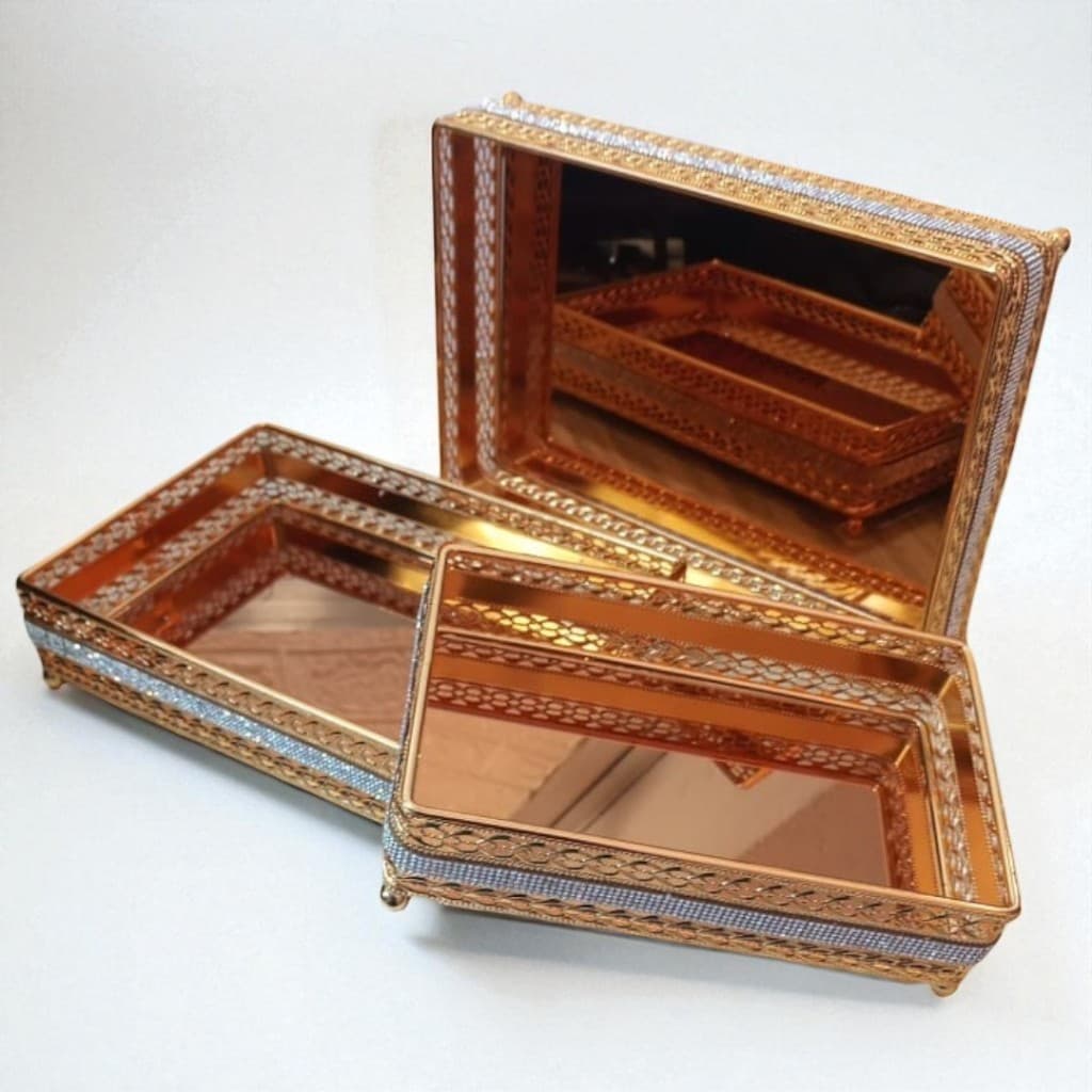 Bandeja Decorativa Espelhada Retangular Dourada 3 Tamanhos Centro de Mesa Decoração - CZ6832B