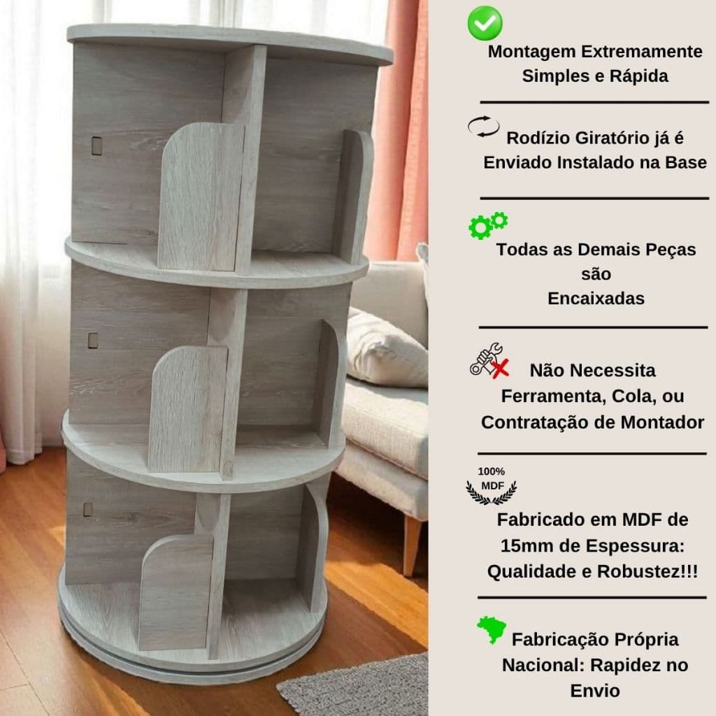 Estante Prateleira Giratória Organizador Livro Brinquedo Decoração e Infantil em MDF 1m