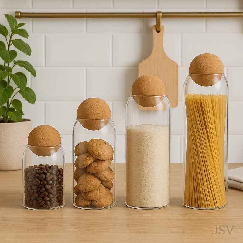 Pote de Vidro Redondo para Mantimentos Decoração com Tampa Bola de Cortiça 1.3L 1.0L 0.8L 0.5L
