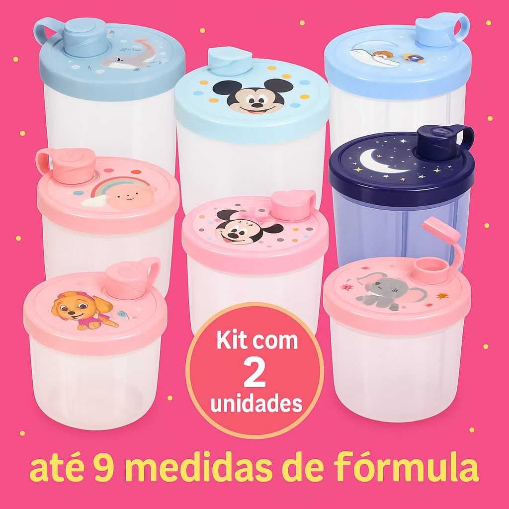 kit Com 2 Pote De Leite Em Pó Ou Fórmula Dosador Com 3 Divisória Tampa Com Trava Segura