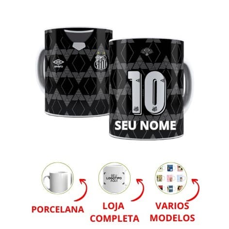 Caneca Santos Personalizada Porcelana 325ml Nome Exclusivo Número 10 Presente Torcedor