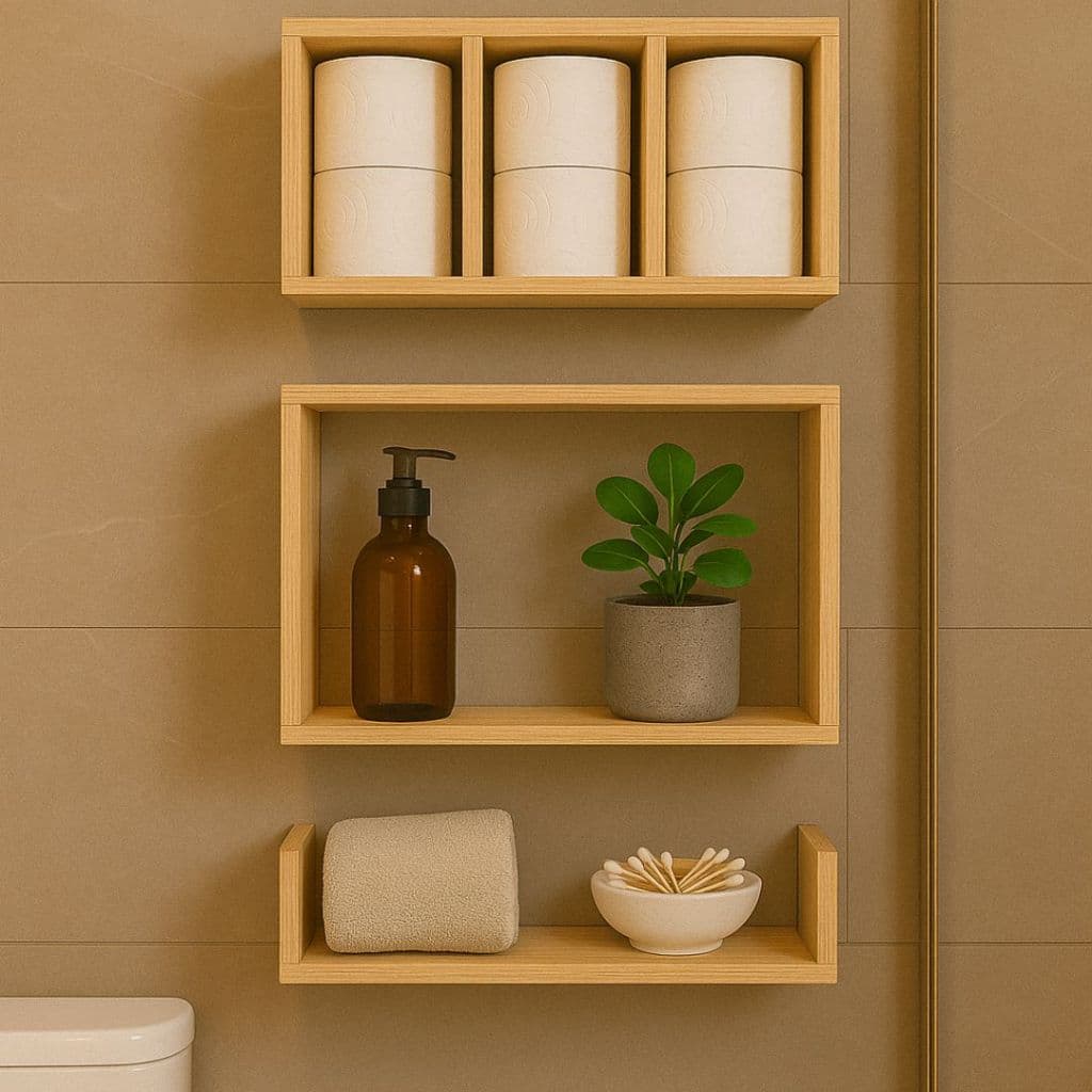 Kit 3 Nichos de Banheiro com Prateleira Vertical Madeira Natural Pinus -- Ideal para Organização de Lavabo e Decoração