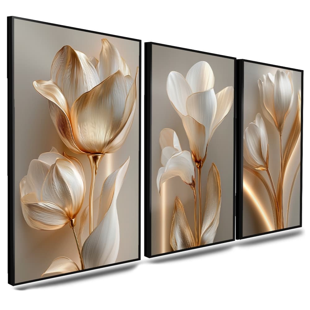 Quadro Grande Para Sala Cozinha Decorativo Flor Flores Top Dourado Branca