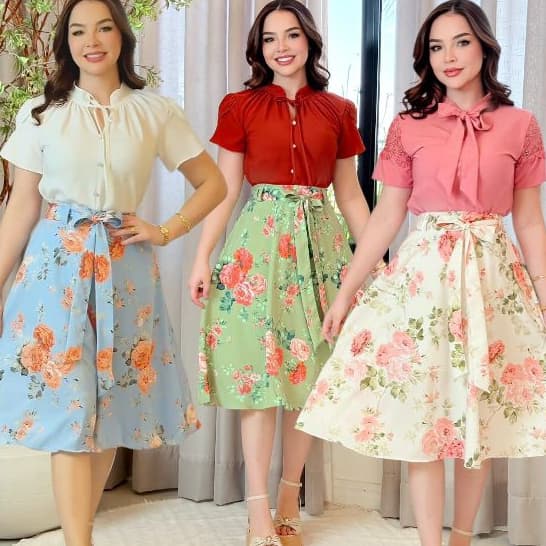 Saia Feminino Gode MIDI Estampa Retró Floral Moda Evangelica