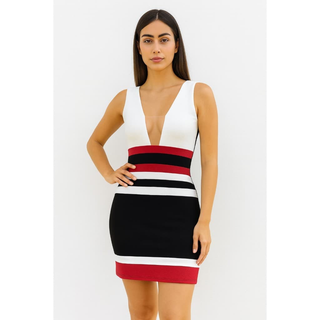 Vestido Feminino Justo Curto Color Block Preto Branco Vermelho Decote Profundo Moda Festa Noite