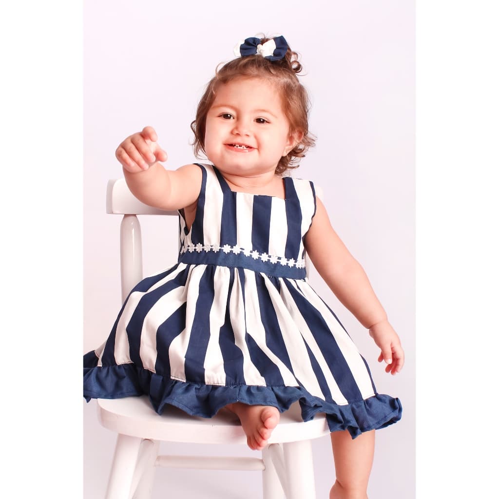 Vestido Bebê Listrado Luxo com Tiara 100% Algodão Tamanho G 6 a 9 Meses Pronta Entrega Várias Cores
