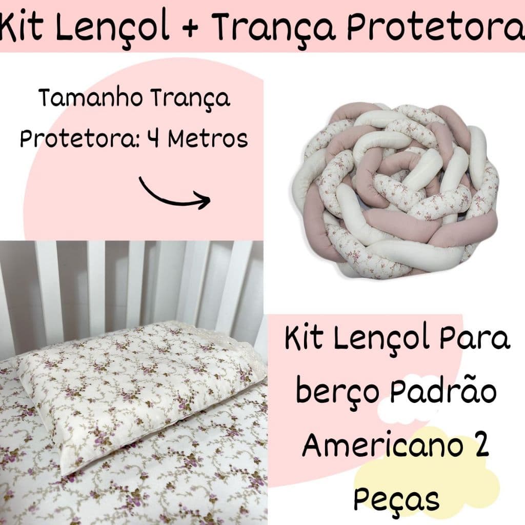 Kit Berço Trança Protetora Lateral 4 Metros + Jogo Lençol 2 Peças Berço Padrão Americano Menina Menino 100 Algodão.