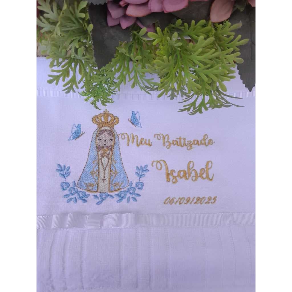 Toalha Bordada Personalizada Batismo Batizado Nossa Senhora Aparecida Dholer ou Kasten