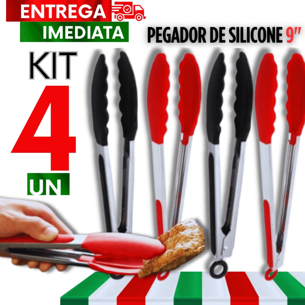 KIT 04 UNIDADES Pegador Pinça Universal de Silicone Cabo Inox Resistente 27CM  Salada Carne Alimento
