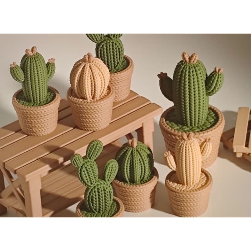 Kit 2 Cactos 3D Artesanais Vaso Tricô – Decoração para Prateleiras