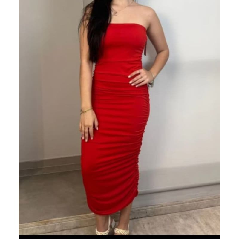 vestido feminino franzido drapiado nas laterais tomara q caia com bojo e forro casual elegante moda gringa tecido caneta