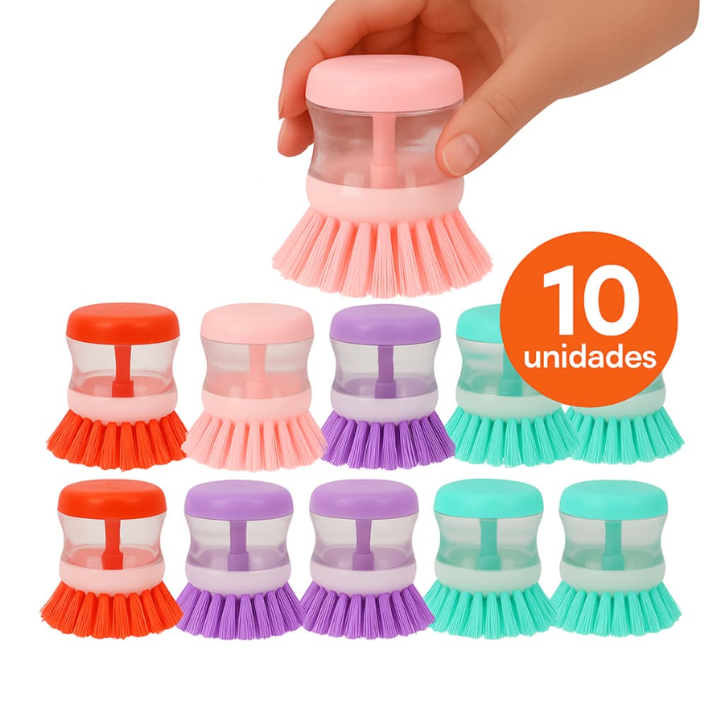 Kit 10 Escovas De Limpeza Com Dispenser De Detergente Multiuso Para Louças Panelas E Talheres