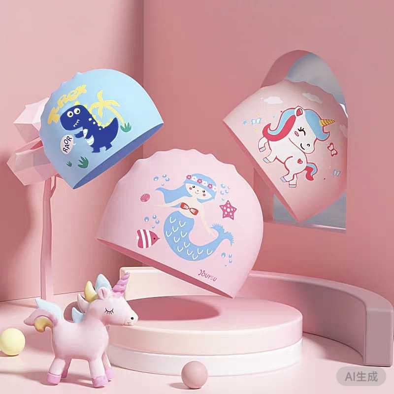 Touca de natação infantil de silicone com desenho animado , Proteção De Ouvido À Prova D'água Meninos E Meninas