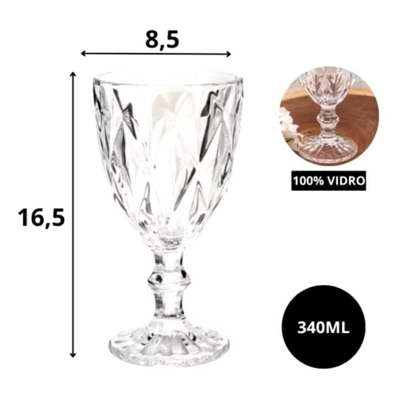 Jogo 6 Taças de Vidro Diamond Transparente Luxo 340ml