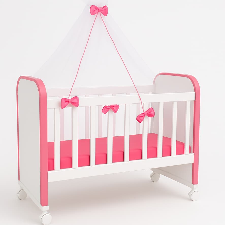 Berço de Boneca Até 67cm com Rodízios Véu Ideal Reborn Rosa / Azul e Branco