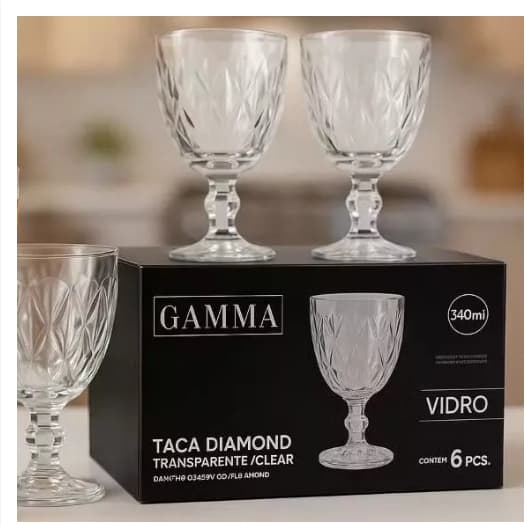Jogo de  6 PCS  Taça Diamond Vidro Transparente 340 ml