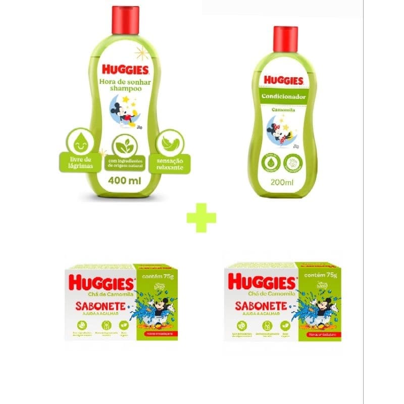 Huggies Shampoo 400ml, Condicionador 200ml e 2 Sabonetes 75g - Kit A Hora do Banho Camomila.