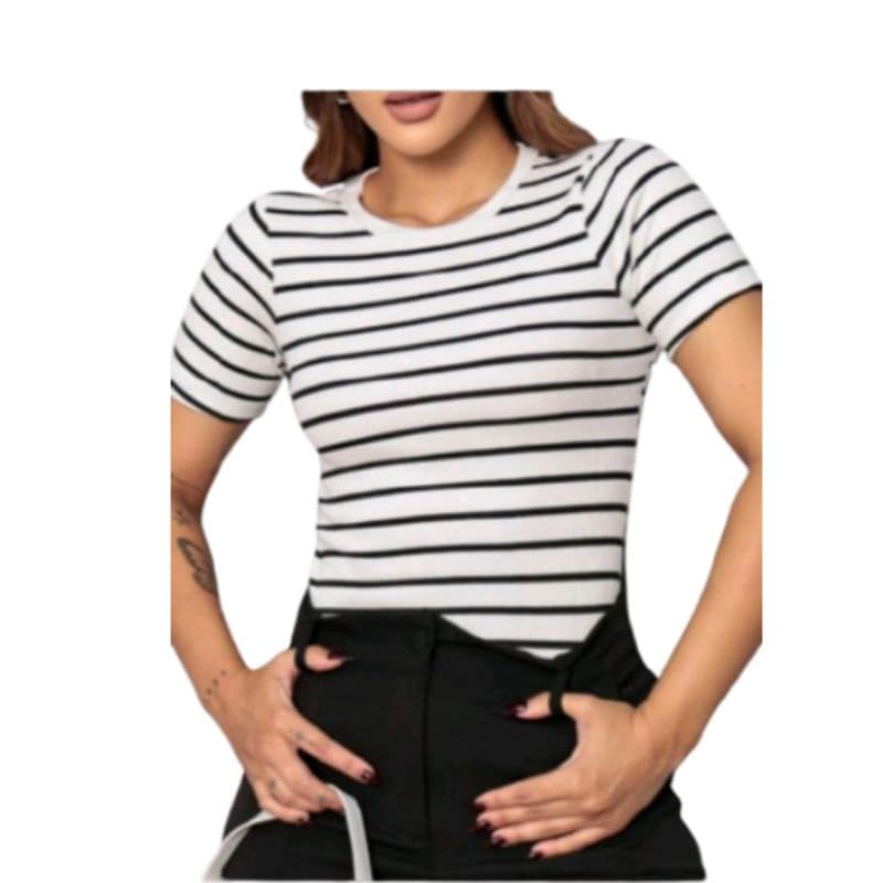 Blusa Básica Listrada Blusa Femina malha Ribana T-shirt