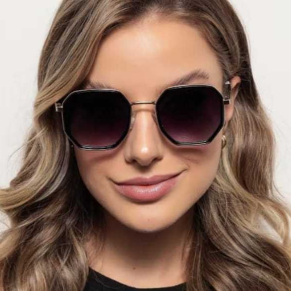 Óculos de Sol Feminino Retrô Quadrado Hexagonal UV400 Armação Elegante e Lente Degradê