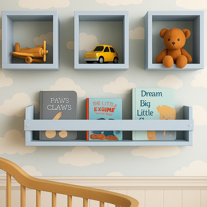 Kit Quarto Bebê Menino 3 Nichos 20x20cm + Estante Livros 60x15cm MDF Azul Prateleira Infantil