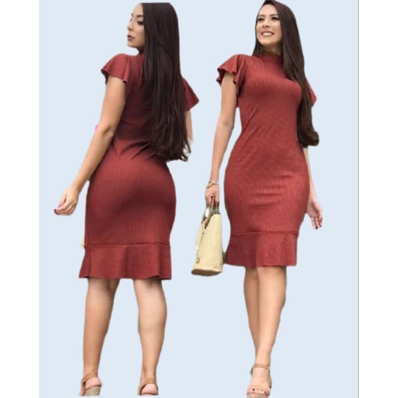 Vestido Canelado moda evangélica gola alta manga