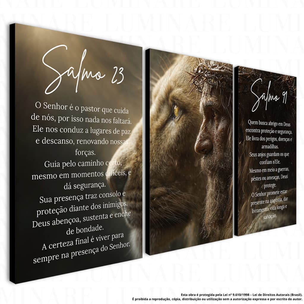 Quadro Kit 3 Peças Salmo 23 e Salmo 91 | Leão e Jesus com Coroa de Espinhos | Arte Cristã Decorativa