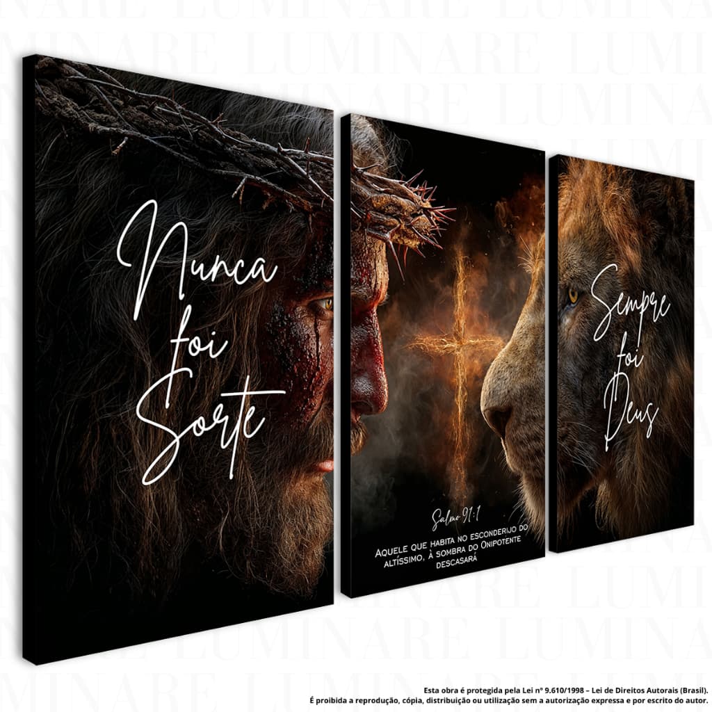Quadro Decorativo Kit 3 Peças Nunca Foi Sorte Sempre Foi Deus | Jesus, Cruz em Fogo e Leão