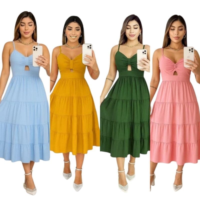 Vestido Feminino Midi Alcinha Regulavel Quatro Marias Moda Evangélica Com Faixa Cinto Emilly Abertura Frontal