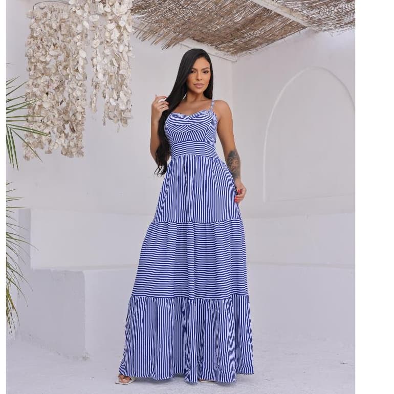Vestido femenino Longo Listrado  com Alças Finas | Saia Três Marias | Estilo Elegante
