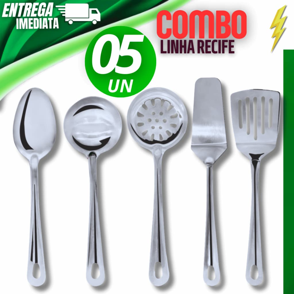 Conjunto KIT 05 utensílios Cozinha Concha Espátula Vazada Bolo Colher Arroz Escumadeira Linha Resistente Premium