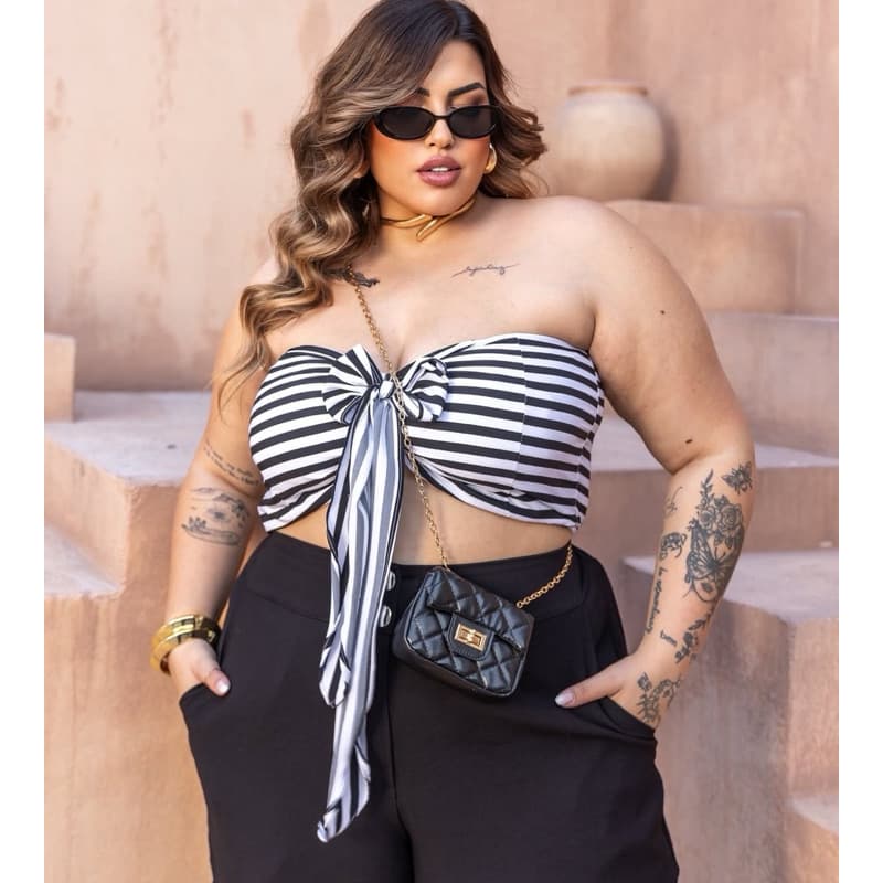 Cropped Faixa Plus Size Viscose com Elástico Atrás e Laço Removível – Veste até 54 (Preto/Lilás)